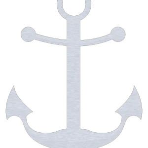 A sleek, laser-cut aluminum anchor silhouette with a silver finish, featuring a classic design with curved flukes and a round stock. The anchor is displayed against a plain black background, highlighting its bold and timeless nautical theme. The smooth edges and symmetrical design make it an eye-catching piece suitable for various interior settings.